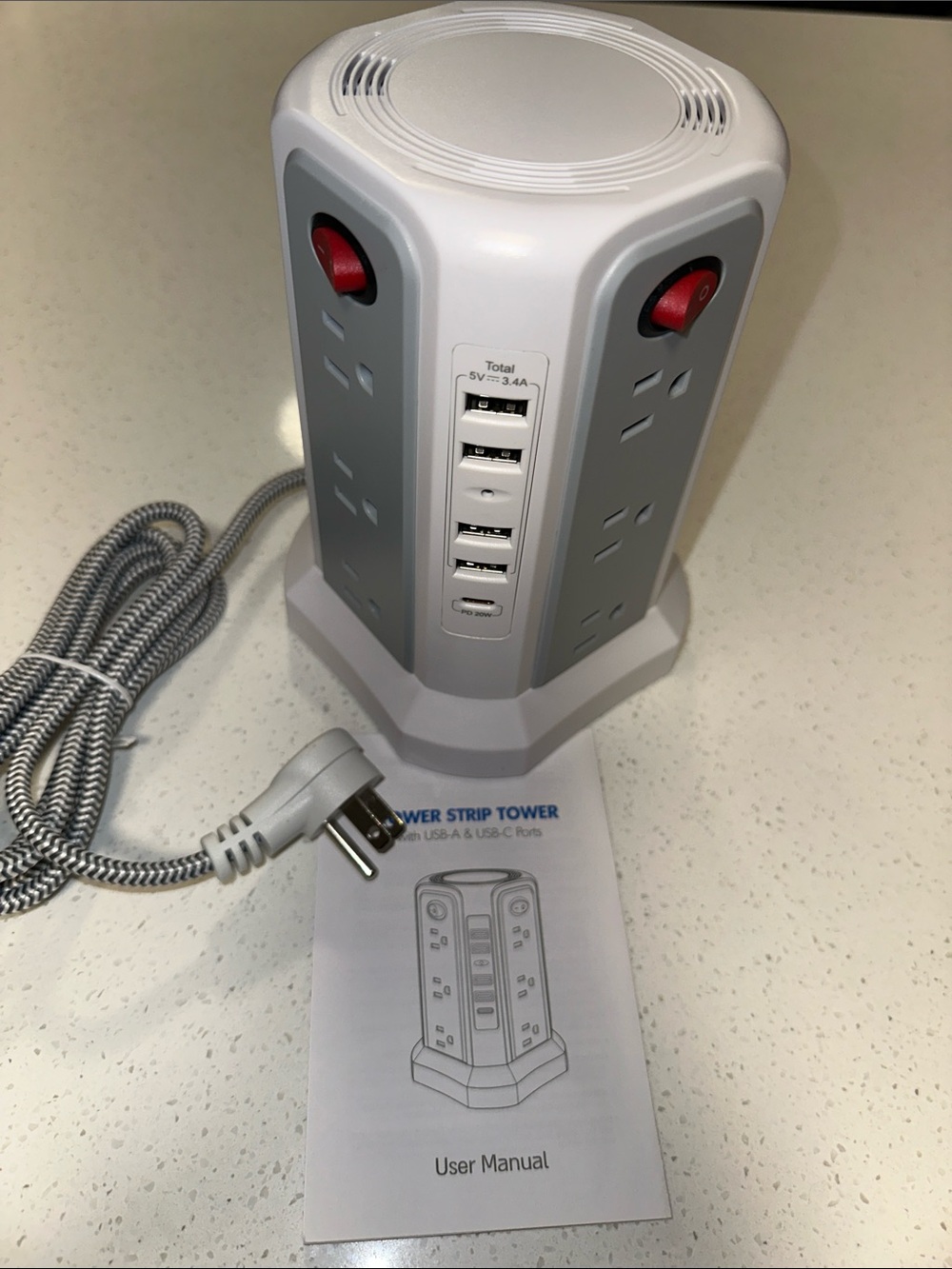 Tower Power Strip with 4 AC Panels, USB 4 slots and a USB-C Ports - White & Gray
